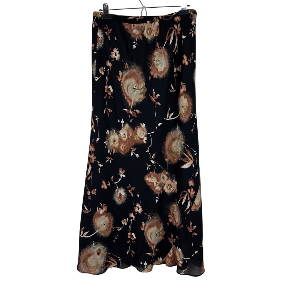 Black Brown Floral Midi Maxi Skirt Moody sheer overlay Large Vintage Studio